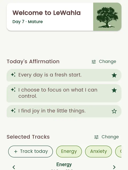 The LeWahla home screen: the day's tracks, a daily affirmation, and a growing oak tree.