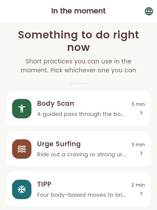 The LeWahla skills list: short practices such as Body Scan, Urge Surfing and Thought Reframing, each with how long it takes.